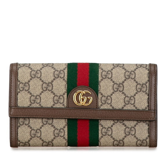 GUCCI Accessories - Gucci GG Supreme Ophidia Continental Wallet Long 523153 Beige Brown PVC Leath...